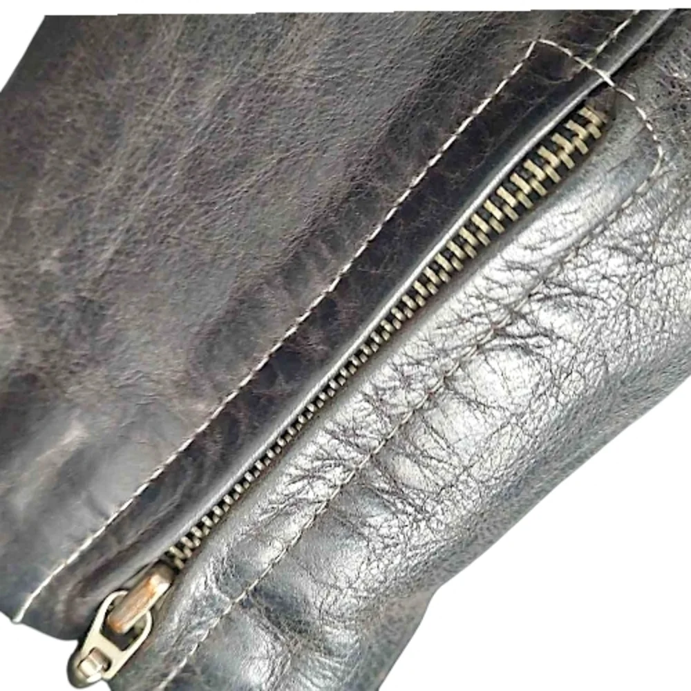 Vintage Black Leather Women's Moto Jacket-Y2K Classic Collar Metal Zips Grunge - Picture 5 of 14